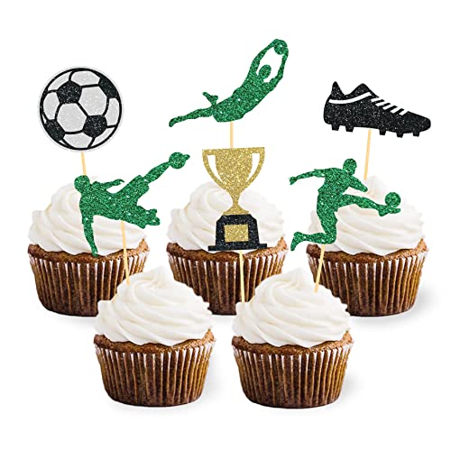 24 Stück Glitzer Fussball Cupcake Topper, Tortendeko Fussball für Fussball Geburtstag Deko, Fußball Fan Party, Kinder Party Dekoration, Tortendeko Geburtstag Junge von Moitkptt