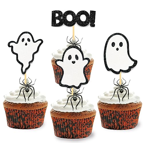 24 Stück Glitzer Halloween Cupcake Topper, Geist Kuchendeko, Halloween Baby Shower Tortendeko für Halloween Party, Babyparty, Baby Shower, Geschlecht verkünden, Schwangerschaft Dekoration (Schwarz) von Moitkptt