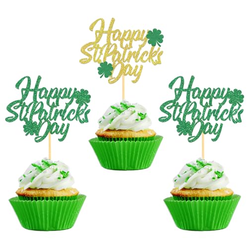 24 Stück Glitzer Happy St. Patrick's Day Cupcake Toppers, Vierblättrige Blatt Cupcake toppers, St. Patrick's Day Kuchendeko für Irische St Patricks Day Party Dekoration (St. Patrick's Day) von Moitkptt