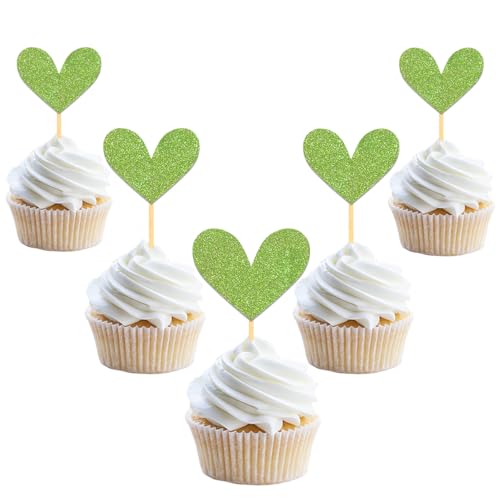 24 Stück Glitzer Liebe Herz Cupcake Toppers, Valentinstag Tortendeko, Hochzeit Gemischte Größe Kuchendeko für Valentinstag Jahrestag Braut Geburtstag Heiratsantrag Verlobung Party Deko (Grün) von Moitkptt