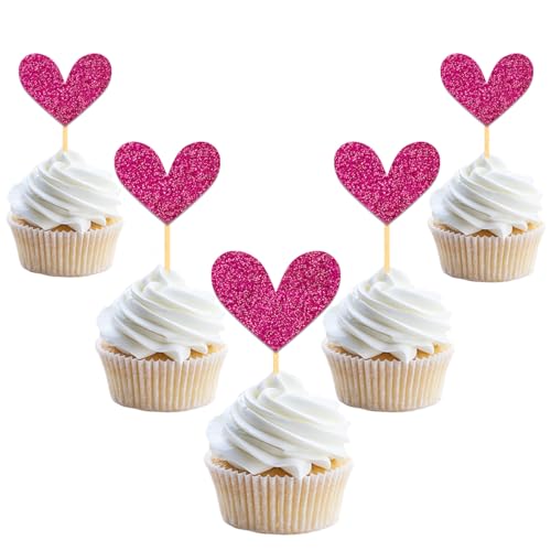 24 Stück Glitzer Liebe Herz Cupcake Toppers, Valentinstag Tortendeko, Hochzeit Gemischte Größe Kuchendeko für Valentinstag Jahrestag Braut Geburtstag Heiratsantrag Verlobung Party Deko (Rose) von Moitkptt