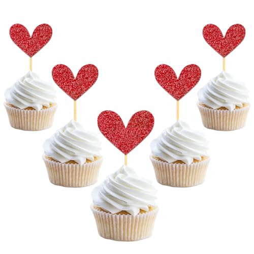 24 Stück Glitzer Liebe Herz Cupcake Toppers, Valentinstag Tortendeko, Rubinhochzeit Gemischte Größe Kuchendeko für Valentinstag Jahrestag Braut Geburtstag Heiratsantrag Verlobung Party Deko (Rot) von Moitkptt