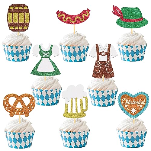 24 Stück Glitzer Oktoberfest Cupcake Topper, Oktoberfest Tortendeko, Bierfest Party Picker, Deutsches Bierfest Kuchendeko für Oktoberfest Deko, Bayerische Party Dessert Dekorationen (Oktoberfest-A) von Moitkptt