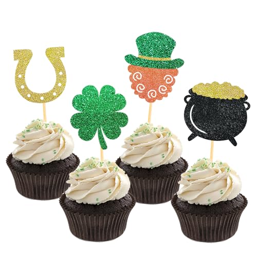 24 Stück Glitzer St. Patrick's Day Cupcake Toppers, Vierblättrige Blatt Cupcake toppers, Glitzer Hufeisen Muffin Deko, St. Patrick's Day Kuchendeko für Irische St Patricks Day Party Dekoration (Mix) von Moitkptt