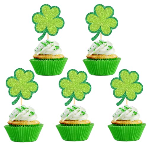 24 Stück Glitzer St. Patrick's Day Glück Kleeblatt Cupcake Toppers, St. Patrick's Day Kuchendeko für Irische St Patricks Day Party Dekoration (Kleeblatt) von Moitkptt