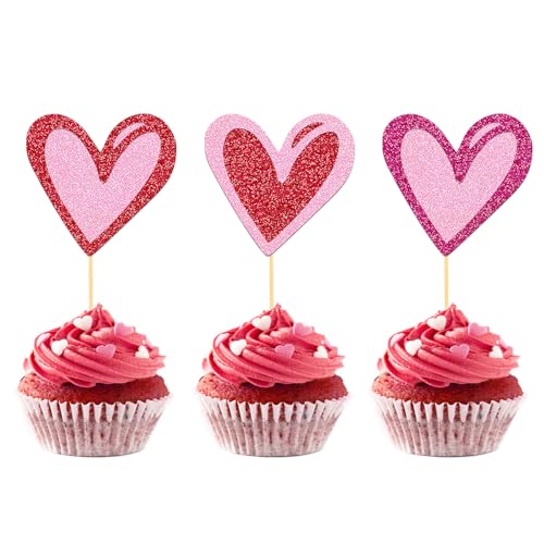 24 Stück Glitzer Valentinstag Cupcake Toppers, Herzen Kuchendeko, Valentinstag Tortendeko für Valentinstag Heiratsantrag Verlobung Hochzeit Party Deko (Herz) von Moitkptt