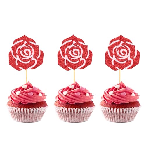 24 Stück Glitzer Valentinstag Cupcake Toppers, Rosen Kuchendeko, Valentinstag Tortendeko für Valentinstag Heiratsantrag Verlobung Hochzeit Party Deko (Rose) von Moitkptt