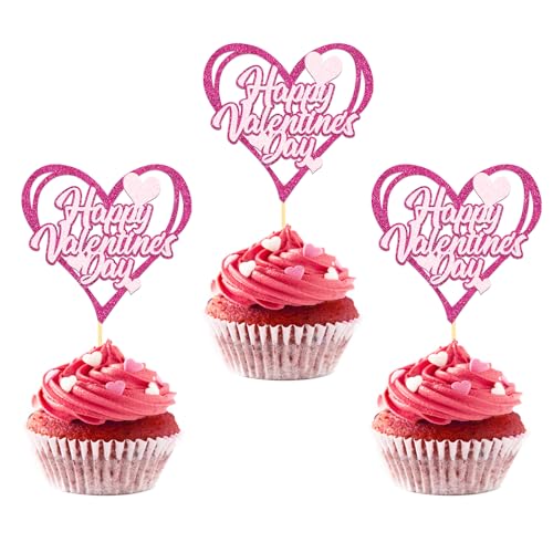 24 Stück Glitzer Valentinstag Cupcake Toppers, Valentinstag Kuchendeko, Happy Valentine's Day Tortendeko für Valentinstag Heiratsantrag Verlobung Hochzeit Party Deko (V Pink) von Moitkptt