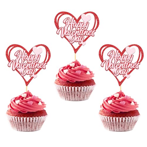 24 Stück Glitzer Valentinstag Cupcake Toppers, Valentinstag Kuchendeko, Happy Valentine's Day Tortendeko für Valentinstag Heiratsantrag Verlobung Hochzeit Party Deko (V Red) von Moitkptt