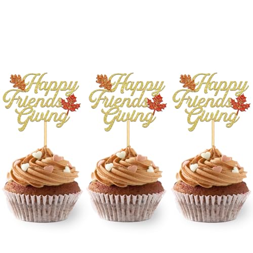 24 Stück glitzernde Cupcake-Topper für Thanksgiving Day Dekorationen, Herbstthema, Erntedankfest, Kuchendekoration für Thanksgiving Party Supplies (Friendsgiving) von Moitkptt