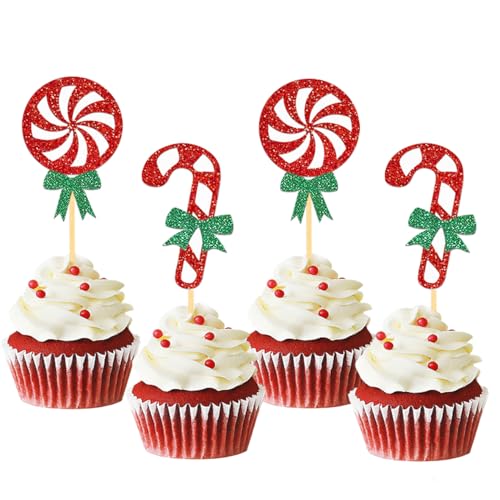 24 Stück glitzernde Weihnachts-Süßigkeiten-Cupcake-Topper, Frohe Weihnachten, Pfefferminzbonbons, Kuchendekorationen für Weihnachtsfeier, Neujahrszeremonie, Party-Kuchendekorationen (Süßigkeiten) von Moitkptt