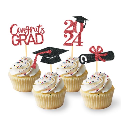 24 Stück Glitzer 2025 Graduation Cupcake Toppers, Abschlussfeier Cupcake toppers, Bachelor Hut Deko, Abschluss Deko für Graduation Abschlussparty Dekoration (schwarz & rot) von Moitkptt