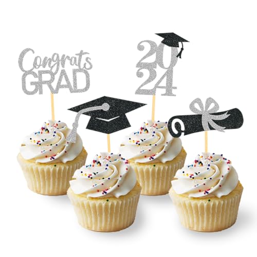 24 Stück Glitzer 2025 Graduation Cupcake Toppers, Abschlussfeier Cupcake toppers, Bachelor Hut Deko, Abschluss Deko für Graduation Abschlussparty Dekoration (schwarz & silber) von Moitkptt