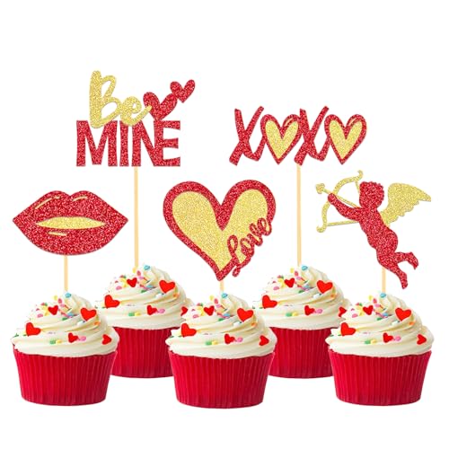 25 Stück Glitzer Valentinstag Cupcake Toppers, Herzen Kuchendeko, Valentinstag Tortendeko für Valentinstag Heiratsantrag Verlobung Hochzeit Party Deko (L Gold) von Moitkptt