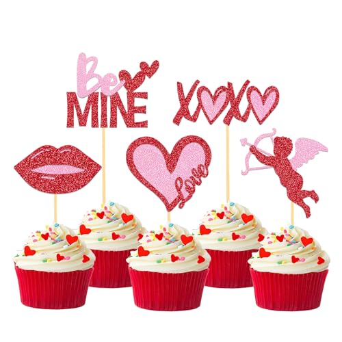 25 Stück Glitzer Valentinstag Cupcake Toppers, Herzen Kuchendeko, Valentinstag Tortendeko für Valentinstag Heiratsantrag Verlobung Hochzeit Party Deko (L Pink) von Moitkptt