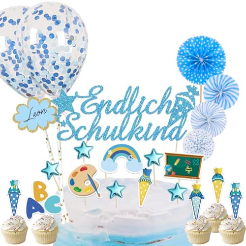 25 Stück Schulanfang Tortendeko, Tortendeko Einschulung, Einschulung Deko Kuchen Papierfächer für Junge und Mädchen Schulanfang Party Dekoration (Blau) von Moitkptt