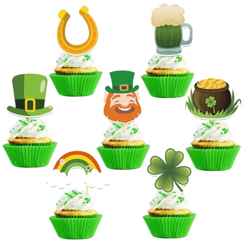 28 Stück Glitzer St. Patrick's Day Cupcake Toppers, Vierblättrige Blatt Cupcake toppers, Glitzer Hufeisen Muffin Deko, St. Patrick's Day Kuchendeko für Irische St Patricks Day Party Dekoration (Mix 2) von Moitkptt