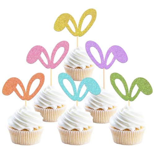 24 Stück Glitzer Hasenohren Cupcake Toppers, Ostern Tortendeko, Hasenohren Kuchen Deko Osterfest für Ostern Party Dekoration (Bunte Hasenohren) von Moitkptt