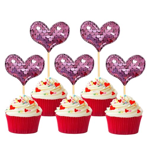 36 Stück Glitzer Valentinstag Cupcake Toppers, Herzen Kuchendeko, Valentinstag Tortendeko für Valentinstag Heiratsantrag Verlobung Hochzeit Party Deko (Herz Pink) von Moitkptt