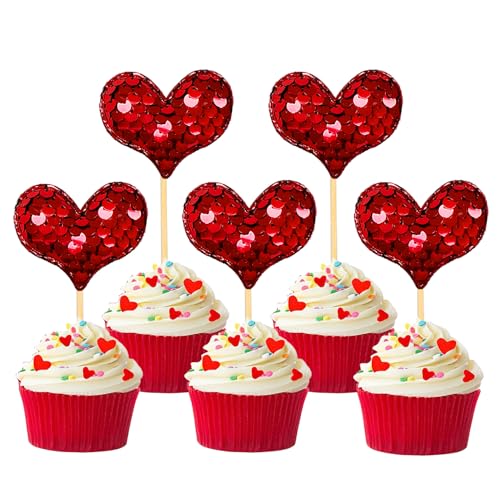 36 Stück Glitzer Valentinstag Cupcake Toppers, Herzen Kuchendeko, Valentinstag Tortendeko für Valentinstag Heiratsantrag Verlobung Hochzeit Party Deko (Herz Red) von Moitkptt