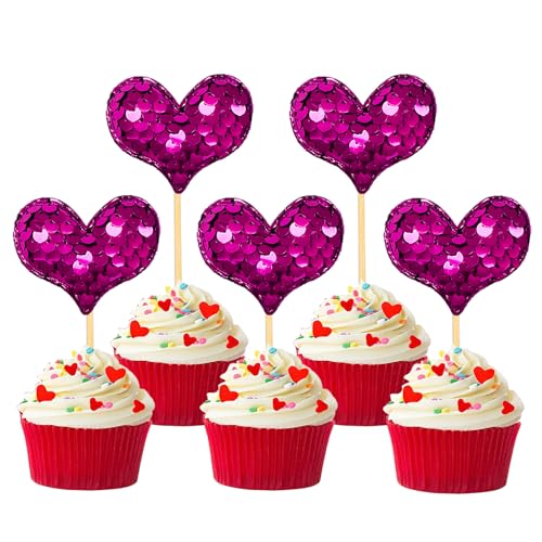 36 Stück Glitzer Valentinstag Cupcake Toppers, Herzen Kuchendeko, Valentinstag Tortendeko für Valentinstag Heiratsantrag Verlobung Hochzeit Party Deko (Herz Rose) von Moitkptt