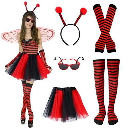 5 Stück Karneval Kostüm Erwachsene Damen, Marienkäfer Kostüm mit Marienkäferbrille Haarreif Fingerlose Handschuhe Beinwärmer Tüllrock, für Karneval Cosplay Kostüm, Halloween, Rollenspielpartys von Moiuguli