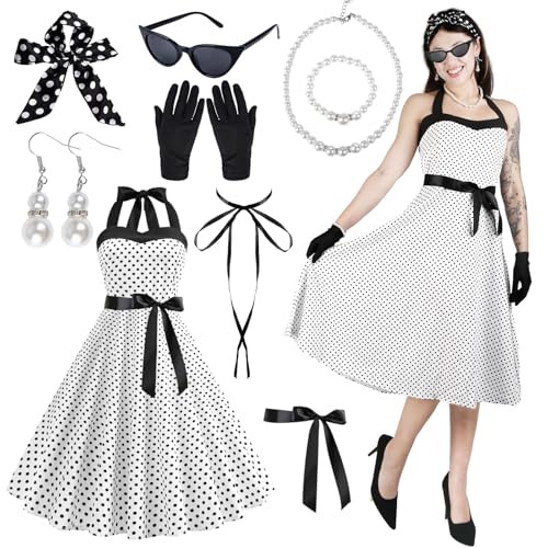 50er Jahre Outfit Damen 10 Stück Rockabilly Accessoires Damen 50er Jahre Kostüm Damen Brille Ohrringe Stirnband Halskette Armband Handschuhe Gürtel Band chwarz Vintage Party Karneval Motoparty von Moiuguli