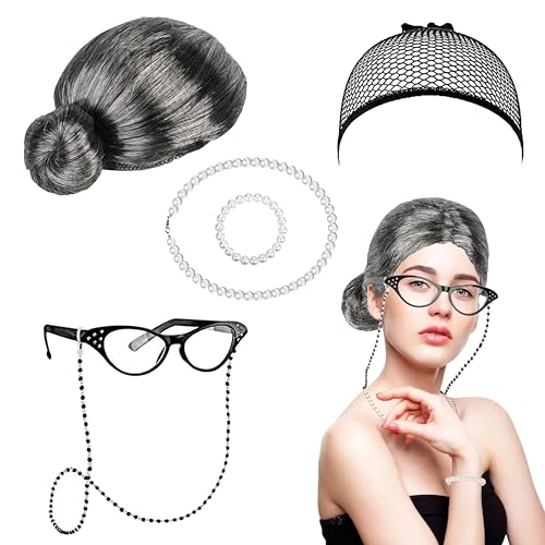 6tlg Oma Perücke, Old Lady Kostüm Großmutter Cosplay Zubehör Set, Rentnerin Kostüm mit Brille Brille mit Kette Perlenkette Armband für Fasching Maskerade Cosplay Köln-Karneva Party von Moiuguli