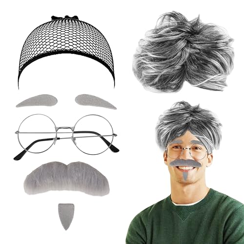 7 Stück Opa Kostüm Set, Opa Perücke Grau Alter Mann Kostümzubehör Großvater Perücke künstlicher Bart Augenbrauen Brille Cosplay Zubehör Geeignet für Karneval, Halloween und Fasching von Moiuguli