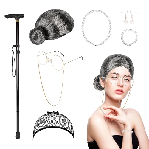 8tlg Oma Perücke, Old Lady Kostüm Großmutter Cosplay Zubehör Set, Rentnerin Kostüm mit Brille Brille mit Kette Stock Perlenkette Armband Ohrringe, für Fasching Maskerade Cosplay Köln-Karneva Party von Moiuguli