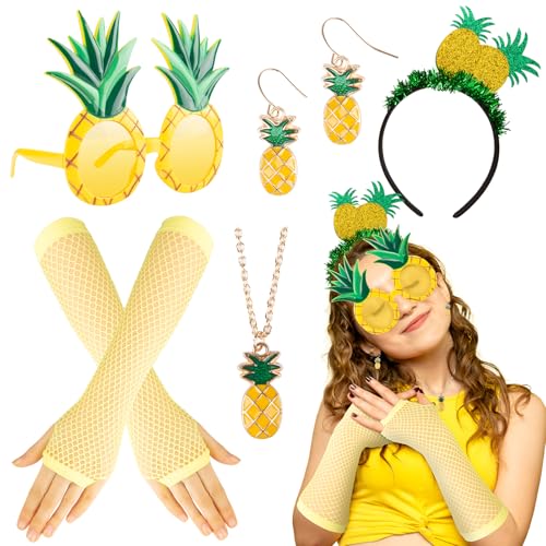 Ananas Haarreif fasching damen, Ananas Karneval Accessoires Damen, Kostüm Ananas Damen mit Halskette Haarband Ohrringe Ananas Brille Netzhandschuhe, Gelbe Fasching Accessoires Damen fur Karneval Party von Moiuguli