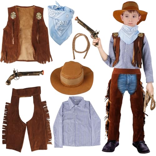 Cowboy Kostüm Kinder, 7 Stück Western Cowboy Set Kinder mit Cowboy Weste, Cowboy Hut, Kariertes Hemd, Hose, Halstuch,Spielzeug Zubehör Faschingskostüme Jungen für Karneval Cosplay Party Dress Up von Moiuguli