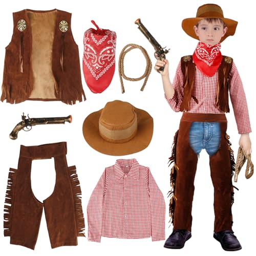 Cowboy Kostüm Kinder, 7 Stück Western Cowboy Set Kinder mit Cowboy Weste, Cowboy Hut, Kariertes Hemd, Hose, Halstuch,Spielzeug Zubehör Faschingskostüme Jungen für Karneval Cosplay Party Dress Up von Moiuguli