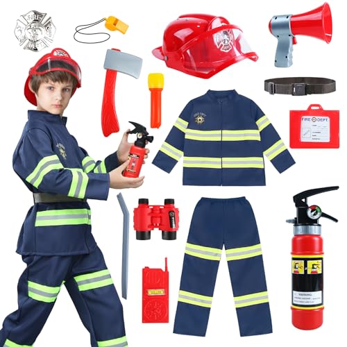 Feuerwehr Kostüm Kinder, Feuerwehrmann Kostüm Kinder Spielzeug, Blau Feuerwehr Jacke, Feuerwehrhelm Kinder 3-10 Jahre Jungen Mädchen, Faschingskostüme-Feuerlöscher Taschenlampe, Walkie-Talkie Set von Moiuguli