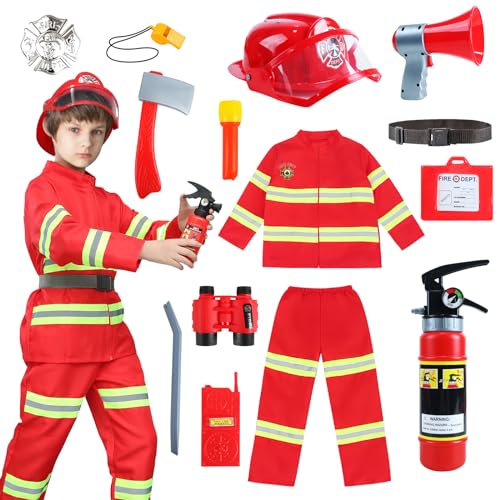 Feuerwehr Kostüm Kinder, Feuerwehrmann Kostüm Kinder Spielzeug, Feuerwehr Jacke 100, Feuerwehrhelm Kinder 7-10 Jahre Jungen Mädchen, Rot Faschingskostüme-Feuerlöscher Taschenlampe, Fernglas Set von Moiuguli