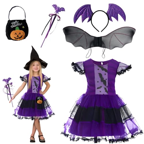 Fledermaus Kostüm Kinder, Halloween Kostüm Kinder Hexen Kostüm Mädchen Halloween Fledermaus Kostüm für Kinder Tutu Kleid mit Fledermaus Flügel, Handtasche und Zauberstab für Karnevals Cosplay von Moiuguli