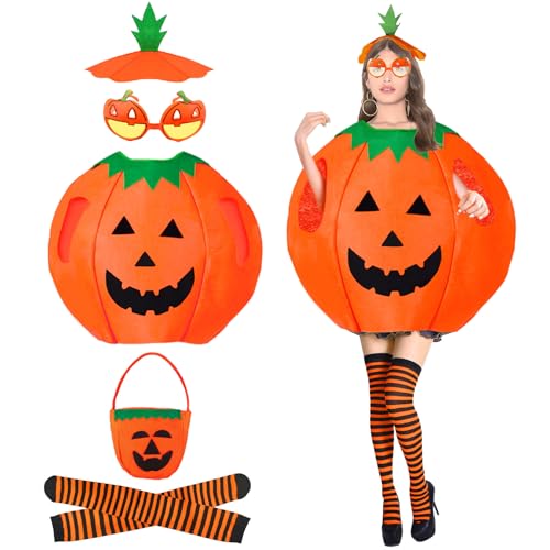 Halloween Kostüm Kürbis, 6 PCS Halloween Kostüm Damen Kürbis lustige Kürbis Kostüm Erwachsene Mit Kürbishut, Candy Bag und Gläser Kürbis Cosplay Party Kleidung, Karnevals-Kostüme für Erwachsene von Moiuguli