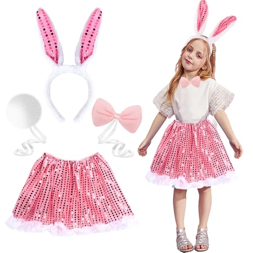 Hasenkostüm Kinder, Faschingskostüme Kinder Hasen Kostüm Mädchen 4 Stück Tierkostüm Kinder mit Rosa Tutu Rock Kinder, Stirnband mit Hasenohren, Schleif Fliege, Tail für Mädchen Karneval Cosplay von Moiuguli