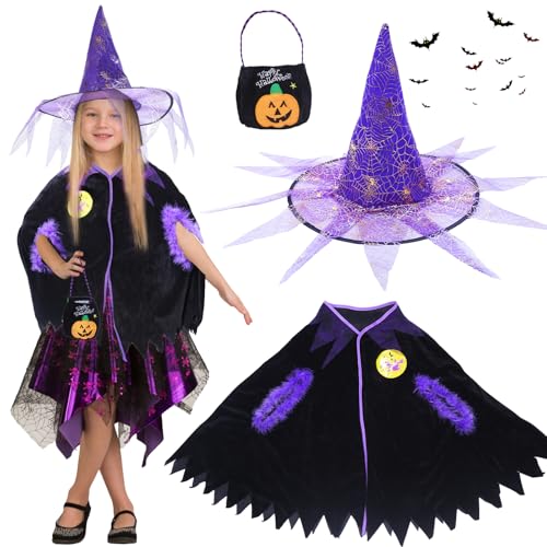 Hexenkostüm Mädchen, Hexenkostüm Kinder Halloween Kostüm Kinder Umhang Zauberer Kostüm Kinder Hexenkostüm Umhang Hexenkleid mit Hexenhut für Fasching Karneval Party Hexennacht Cosplay 3-10 Jahre von Moiuguli