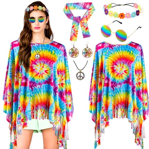 Hippie Kostüm Damen, 60er 70er Jahre Bekleidung Hippie Poncho Oberteil Bluse Kleid Mode Abba Frau Outfit mit Flower Power Accessoires Peace Kette Ohrringe Sonnenbrillen Mottoparty Karneval Fasching von Moiuguli