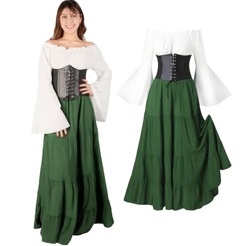 Mittelalter Kleidung Damen, Renaissance Kleid Damen Trompetenärmel Vintage Kleider Damen mit Taillengürtel Viktorianisches Kleid Karneval Kostüm Grünes Kleid Damen für Halloween Karneval Cosplay von Moiuguli