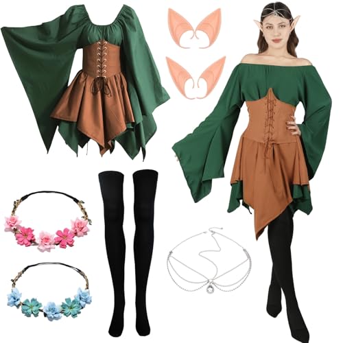 Mittelalter Kleidung Damen, Traditionelles Irisches Kleid Waldfee Kostüm Damen Renaissance Kleid Damen Gothic Kleidung Damen mit Elfenohren Haarschmuck Kranz Overknee Socken für Karneval Cosplay von Moiuguli