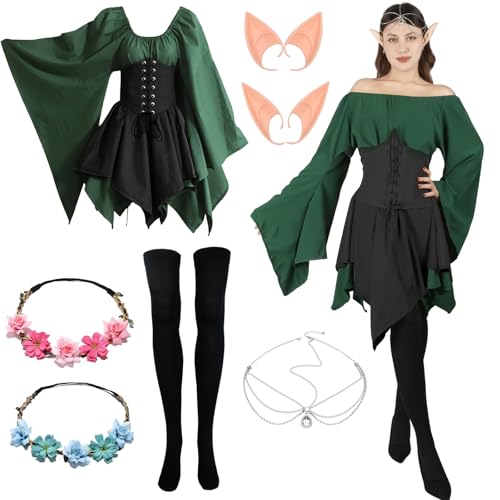 Mittelalter Kleidung Damen, Traditionelles Irisches Kleid Waldfee Kostüm Damen Renaissance Kleid Damen Gothic Kleidung Damen mit Elfenohren Haarschmuck Kranz Overknee Socken für Karneval Cosplay von Moiuguli