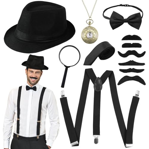 Moiuguli 20er Jahre Kostüm Herren Accessoires, Mafia Kostüm Herren, Peaky Blinders Kostüm, Gangster Kostüm mit Panama Hut Verstellbar Hosenträger Taschenuhr Fliege Krawatten Bärte für Karneval Partys von Moiuguli