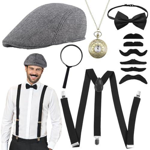 Moiuguli 20er Jahre Kostüm Herren Accessoires, Mafia Kostüm Herren, Peaky Blinders Kostüm, Gangster Kostüm mit Panama Hut Verstellbar Hosenträger Taschenuhr Fliege Krawatten Bärte für Karneval Partys von Moiuguli