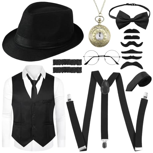 Moiuguli 20er Jahre Kostüm Herren Weste mit Accessories, Mafia Kostüm Herren, Peaky Blinders Kostüm, Gangster Kostüm für Karneval Partys von Moiuguli