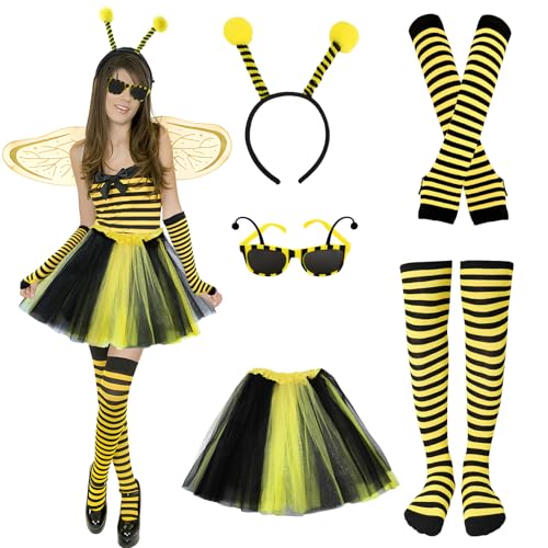 Moiuguli 5 Stück Karneval Kostüm Erwachsene Damen, Bienen Kostüm mit Bienenbrille Haarreif Fingerlose Handschuhe Beinwärmer Tüllrock, für Damen Karneval Cosplay Kostüm, Halloween, Rollenspielpartys von Moiuguli