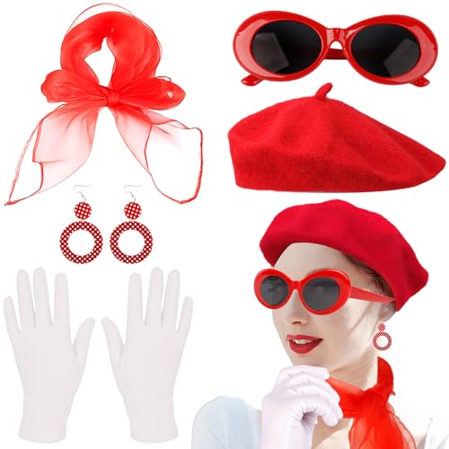 Moiuguli 7 Stück Rockabilly Accessoires Damen 50er Jahre Accessoires Damen, 1950s Kostüm Set Polka Dots Hut Bandana Haarband Ohrringe Halskette Handschuhe Katzenaugen Brille Vintage Party Karneval von Moiuguli