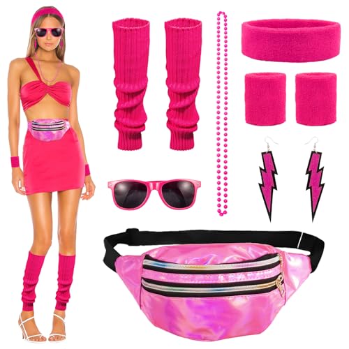 80er Jahre Outfit Damen Set,Disco 80er Outfit Hüfttasche Brille Haargummi Beinwärmer Handschuhe Glitzerohrringe 80er 90er Jahre Accessoires 80s 90s Thema Retro Neon Party Outfit Karneval Halloween von Moiuguli