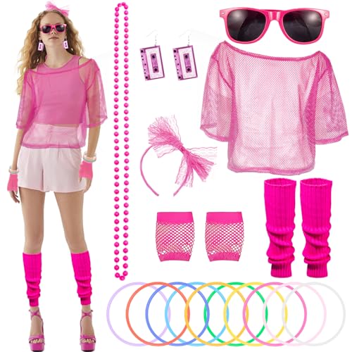 Moiuguli 90er 80er Jahre Outfit Damen, Netzshirt damen 80er Schweissband 90er 80er Jahre Accessoires Wildparty Neon set Ohrrin Netzhandschuhe kostüm 80er jahre damen Karneval Party von Moiuguli